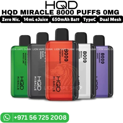HQD Miracle 8000 puffs 0mg zero nicotine vape in Dubai